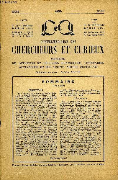 L'INTERMEDIAIRE DES CHERCHEURS ET CURIEUX N 96 - QUESTIONS 193 : Verdeur de langage au xviii* sicle.-194 : Auguste Berode de Cicaty. - 194 : La statue  tte de loup. - 195 : Guillain de Benou ville. - 195 : Historique du 33e rgiment