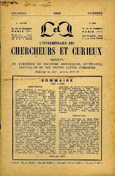 L'INTERMEDIAIRE DES CHERCHEURS ET CURIEUX N 105 - QUESTIONS 1057 : Scheresse et cot de la vie. - 1058 : Paul d'Audouin. - 1058 : Mnagerie. - 1059 : Famille O'Mahony. - 1059 : Scne image sur une faence. - 1059 : Le comte de Narbonne.