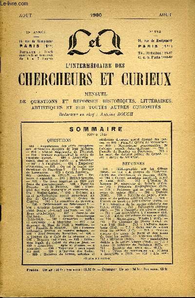 L'INTERMEDIAIRE DES CHERCHEURS ET CURIEUX N 113 - (QUESTIONS689 : Populations des tats europens aux diffrentes poques de leur histoire.-690 : L'abb Edgeworth de Firmont.-690 : Statues reprsentant le corps de l'homme ouvert.