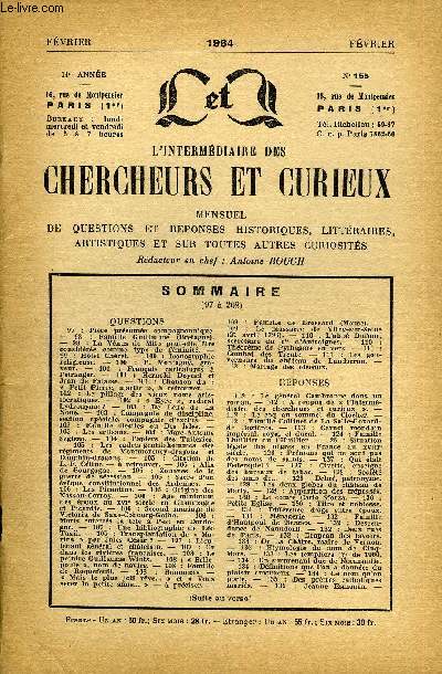 L'INTERMEDIAIRE DES CHERCHEURS ET CURIEUX N 155 - QUESTIONS 97 : Pice prsume compagnonnique.-98: Famille Guillaume Tfretagne).-98 : La Vnus de Milo peut-elle treconsidre comme type de ifminit. - 99 : Htel Chret.