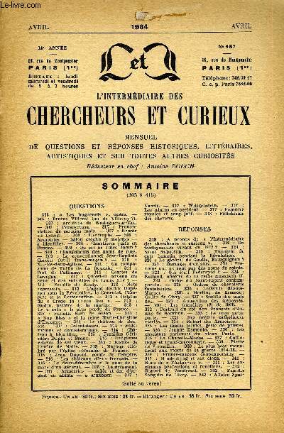 L'INTERMEDIAIRE DES CHERCHEURS ET CURIEUX N 157 - QUESTIONS 305 : Les huguenots , opra. -306 : Brutus Viileroi (ou de Villeroy ?).-307 : Archives de Boulogne-sur-Mer.-307 : Perapertusa. - 307 : Prononciation de certains mots. -