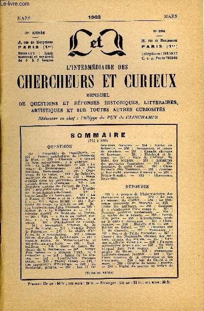 L'INTERMEDIAIRE DES CHERCHEURS ET CURIEUX N 204 - QUESTIONS 241:Proprits de l'amthyste. -241:Preuve ontologique de l'existencede Dieu. - 242 : Chanson -  Quand les lilas refleuriront...   prciser. .-242: La mre de Rabelais.