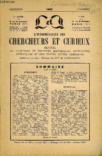 L'INTERMEDIAIRE DES CHERCHEURS ET CURIEUX N 213 - QUESTIONS 1121 : Origine de  croque-mort . - 1122 : Cachin. - 1122 : Passavant, topo-nyme. - 1123 : Un baron F. de Bthune dfroqu. - 1123 : Traditions de l'infanterie de marine.