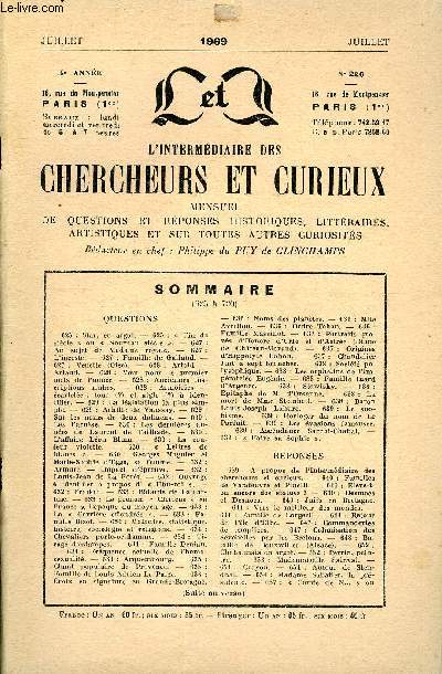 L'INTERMEDIAIRE DES CHERCHEURS ET CURIEUX N 220 - QUESTIONS 625 : Star, en argot. - 625 :  Fin de sicle  ou  Nouveau sicle . - 627 : Au sujet de Madame royale. - 627 : L'inceste. - 627 : Famille de Galland. - 627 : Venette (Oise).