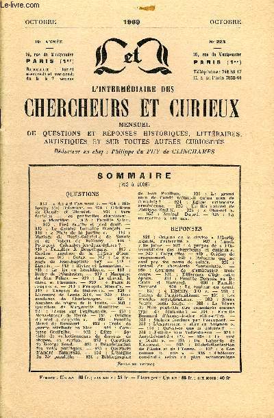 L'INTERMEDIAIRE DES CHERCHEURS ET CURIEUX N 223 - QUESTIONS 913 :  Au gui l'an neuf . - 914 : Bil-lecoys (de) Boismont. - 914 : Citations de Claudel et Michelet. - 914: Versfarfelus - Les pantoufles chantaient...- identifier.