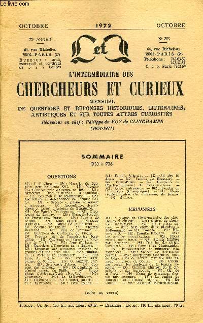 L'INTERMEDIAIRE DES CHERCHEURS ET CURIEUX N 259 - QUESTIONS 833 : J. F. Clere. - 834 : Nourrice du Dauphin, pre de Louis XVI. - 834 : Victoire des Cimbres prs d'Orange en 106. - 834 : Armoiries - lion et flches -  identifier.