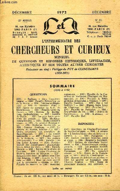 L'INTERMEDIAIRE DES CHERCHEURS ET CURIEUX N 261 - QUESTIONS 1033 : Sadique  dans l'anciennelangue. - 1034 : Famille Delapalme ou de la Palme. - 1034 : Prtrise et illgitimit. - 1035 : Le chevalier Paul. -1035: Livre de comptes de N.-D.