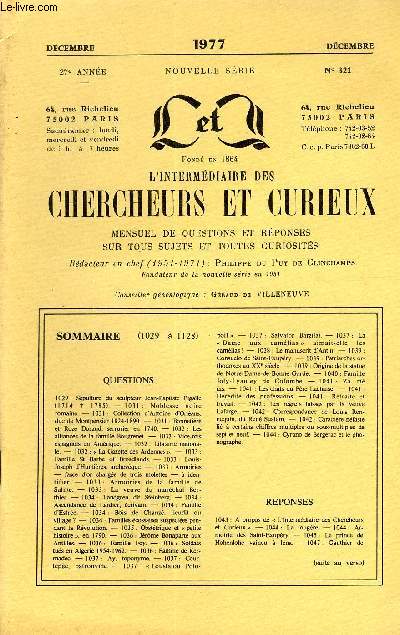 L'INTERMEDIAIRE DES CHERCHEURS ET CURIEUX N 321 - QUESTIONS 1029: Spulture du sculpteur Jean-Baptiste Pigalle (1714 t 1785). - 1031:Noblesse noireromaine. - 1031 : Collection d'Antoine d'Orlans, duc de Montpensici 1824-1890.