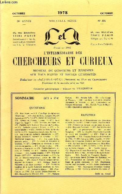 L'INTERMEDIAIRE DES CHERCHEURS ET CURIEUX N 331 - QUESTIONS 873 : Rois mages. - 874 : Chauffage des glises au Moyen Age. - 874 : Jean de Blois, champion du parti franais au XVe s. ? - 875 : Robert de Lenoncourt. -