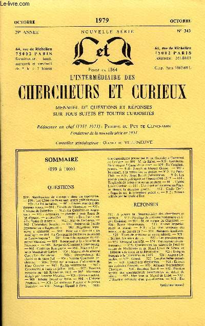 L'INTERMEDIAIRE DES CHERCHEURS ET CURIEUX N 343 - QUESTIONS 899 : Signification de  rouge  dans un toponyme.-899 : Les Ctes-du-Nord aux temps prhistoriques.-900 : La loi du talion. - 901 : Croiss maris  des femmes noires.