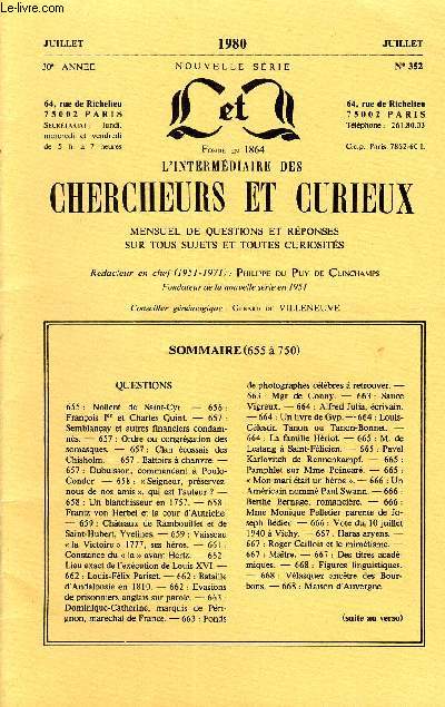 L'INTERMEDIAIRE DES CHERCHEURS ET CURIEUX N 352 - QUESTIONS 655 : Nollent de Saint-Cyr. - 656 : Franois Ier et Charles Quint. - 657 : Semblanay et autres financiers condamns. - 657 : Ordre ou congrgation des somasques. - 657 : Clan cossais