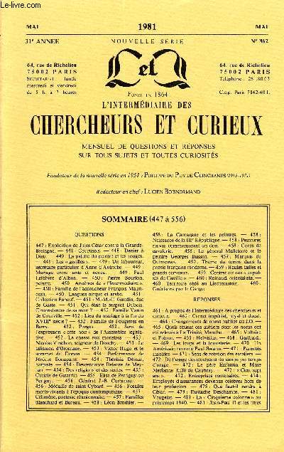 L'INTERMEDIAIRE DES CHERCHEURS ET CURIEUX N 362 - QUESTIONS 447 : Expdition de Jules Csar contre la Grande-Bretagne. - 448 : Courtisols. - 448 : Denier  Dieu. - 449 : La palette du peintre et les rouges.-449 : Les  gorilles .