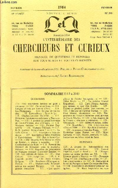 L'INTERMEDIAIRE DES CHERCHEURS ET CURIEUX N 395 - QUESTIONS 113 : Une inscription tardive en goth  retrouver. - 113 : Pierre de Giac. - 114 : Langue utilise par Jeanne d'Arc. - 114 : Les Philippines. - 114 : Origine de Calvados.