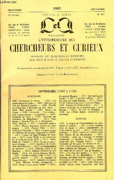 L'INTERMEDIAIRE DES CHERCHEURS ET CURIEUX N 417 - QUESTIONS 1007 : Qu'importe le flacon... - 1007 : Les quatre saintes de l'islam. - 1008 : Dfinition et liste des Saintes-Chapelles. - 1008 : Famille de Hoencourt,  Bruxelles au XIV* sicle.