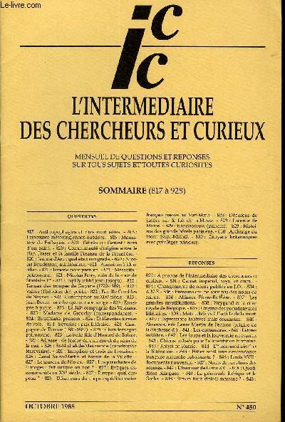 L'INTERMEDIAIRE DES CHERCHEURS ET CURIEUX N 450 - QUESTIONS 817 : Anthropophagies et rites mortuaires. - 818 : Princesses mrovingiennes oublies. - 819 : Monastre de Prbayon. - 820 : Gnis ou Genest : nom d'un saint.