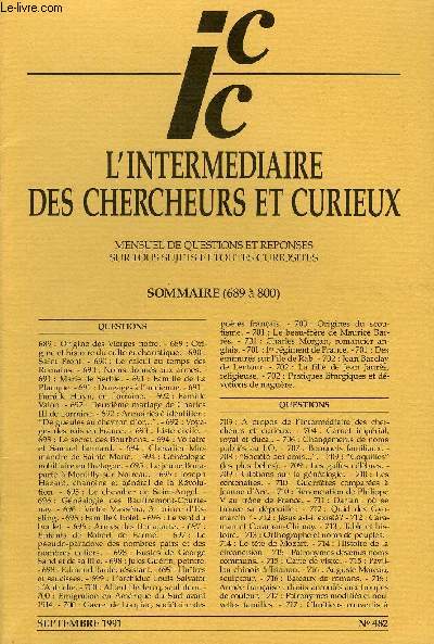 L'INTERMEDIAIRE DES CHERCHEURS ET CURIEUX N 482 - QUESTIONS 689 : Origine des Vierges noire. - 689 : Origine et histoire du culte eucharistique. - 690 : Saint Front. - 690 : Le calcul au temps des Romains. - 690 : Noms donns aux armes.