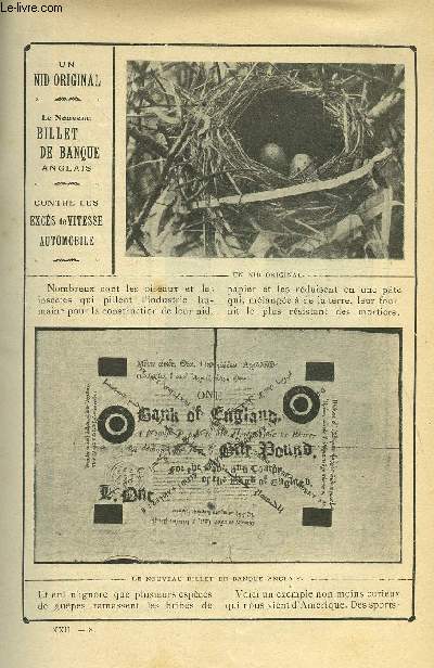 LE MONDE MODERNE TOME 22 - UN NID ORIGINAL, LE NOUVEAU BILLET DE BANQUE ANGLAIS, CONTRE LES EXCES DE VITESSE AUTOMOBILE