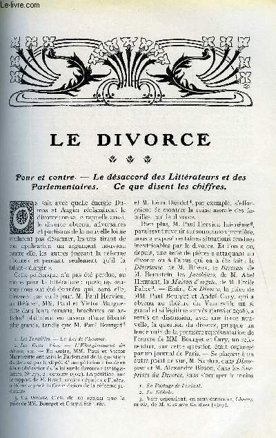 LE MONDE MODERNE TOME 27 - LE DIVORCE - POUR OU CONTRE, LE DESACCORD DES LITTERAIRES ET DES PARLEMENTAIRES, CE QUE DISENT LES CHIFFRES