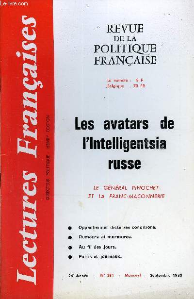 LECTURES FRANCAISES N° 281 - LES AVATARS DE L'INTELLIGENTSIA RUSSE, LE GENERA... - Photo 1/1
