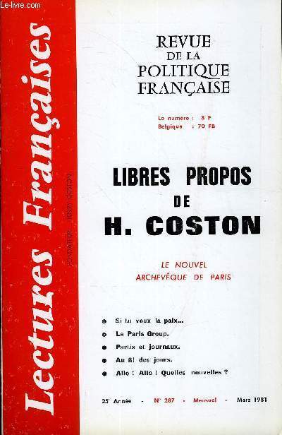 LECTURES FRANCAISES N 287 - LIBRES PROPOS DE H. COSTON, LE NOUVEL ARCHEVEQUE DE PARIS, SI TU VEUX LA PAIX, LE PARIS GROUP, CE QU'IL FAUT PENSER DU 
