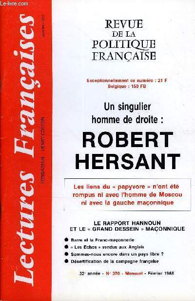 LECTURES FRANCAISES N 370 - UN SINGULIER HOMME DE DROITE : ROBERT HERSANT, LES LIENS DU 