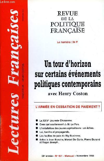 LECTURES FRANCAISES N 451 - UN TOUR D'HORIZON SUR CERTAINS EVENEMENTS POLITIQUES CONTEMPORAINES, L'ARMEE EN CESSATION DE PAIEMENT ?, LA XXIVe JOURNEE CHOUANNE, CEUX QUI SOUTIENNENT J.-M. LE PEN, L'INSTALLATION DES JEUNES AGRICULTEURS : UN ECHEC