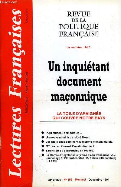 LECTURES FRANCAISES N 452 - UN INQUIETANT DOCUMENT MACONNIQUE, LA TOILE D'ARAIGNEE QUI COUVRE NOTRE PAYS, INQUIETUDES 