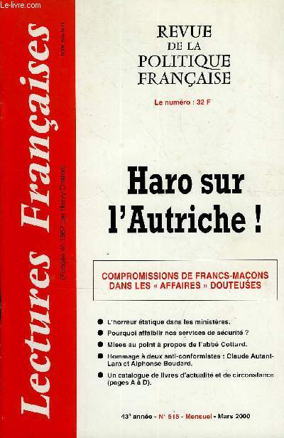 LECTURES FRANCAISES N 515 - HARO SUR L'AUTRICHE, COMPROMISSIONS DE FRANCS-MACONS DANS LES 