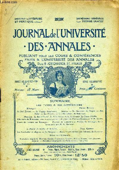 JOURNAL DE L'UNIVERSITE DES ANNALES ANNEE SCOLAIRE 1907-1908 N°11 - 'Béranger. .........Henry KoujonTe Juif 