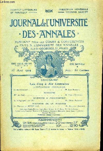 JOURNAL DE L'UNIVERSITE DES ANNALES ANNEE SCOLAIRE 1908-1909 N°9 - LITTERATURE FRANÇAISE Lai J^ochtfvHcavId,M..Jean RicmbpinHISTOIREMme de Staël. .........,,#.M..Fumck-BrentanoSCIENCES Sc PHILOSOPHIELa Télégraphie sans Fil
