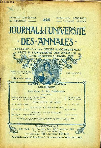 JOURNAL DE L'UNIVERSITE DES ANNALES ANNEE SCOLAIRE 1908-1909 N18 - HISTOIREL'Ouvre historique de M. 