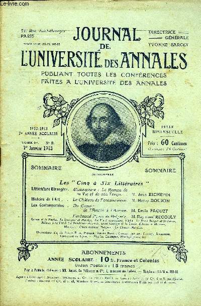 JOURNAL DE L'UNIVERSITE DES ANNALES 7e ANNEE SCOLAIRE N2 - Littrature Etrangre.Histoire de l'Art ,.Les Contemporains .Shakespeare : Le Roman de sa Vie et de son Temps.Le Chteau d Fontainebleau.Du Cour :de Tkmiti  I'Rmour.