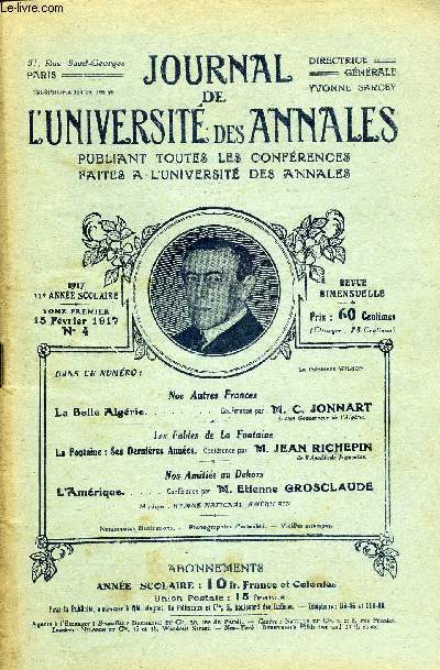 JOURNAL DE L'UNIVERSITE DES ANNALES 11e ANNEE SCOLAIRE N4 - Nos Aatres France*La Belle Algrie....... Confrence par 