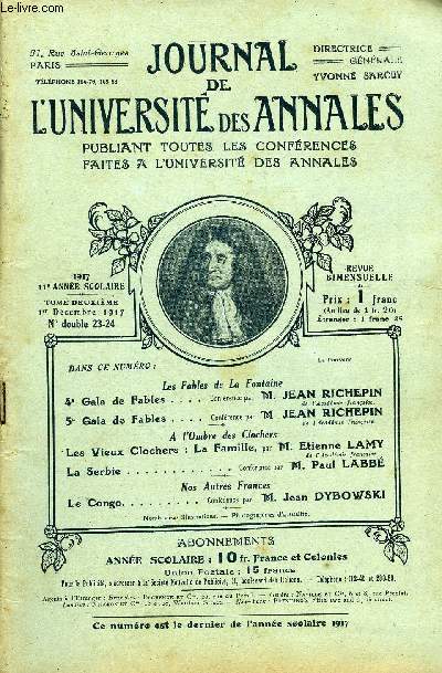 JOURNAL DE L'UNIVERSITE DES ANNALES 11e ANNEE SCOLAIRE N°23-24 - Les Fables de La Fontaine 4e Gala de Fables.. . . . Coniérence par 