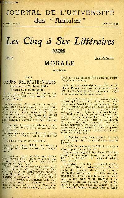 JOURNAL DE L'UNIVERSITE DES ANNALES ANNEE SCOLAIRE 1907 N7 - Sommaire : Les Cours neurasthniques. L'Habitation et l'Alimentation. Andr Chnier Les Posies et les Chantsde la Rvolution. Lo Claretie Le Thtre Hroque