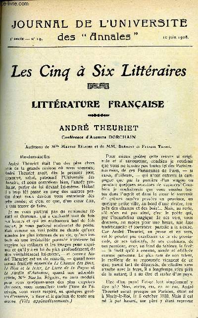 JOURNAL DE L'UNIVERSITE DES ANNALES ANNEE SCOLAIRE 1907-1908 N19 - Littrature franaise : Andr Theuriet, confrence d'Auguste Dorchain, morale & philosophie : Michelet, confrence de Henry Roujon, histoire : un enlvement, confrence de G. Lenotre