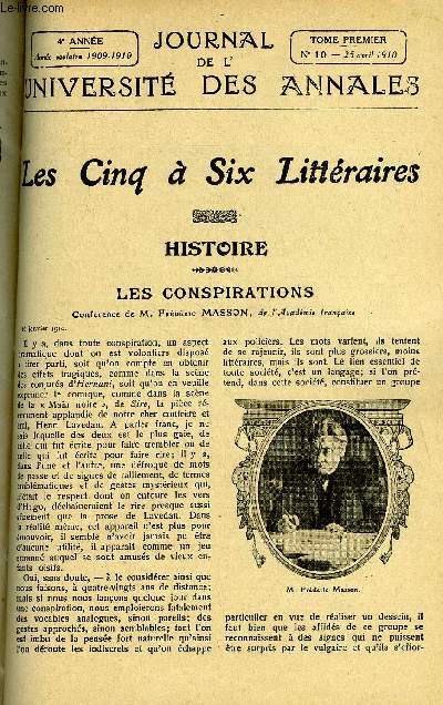 JOURNAL DE L'UNIVERSITE DES ANNALES QUATRIEME ANNEE SCOLAIRE N10 - Sommaire : HISTOIREles Conspirations, .M. Frdric MassonLITTRATURE FRANAISELe  'Neveu de l{ameau ,Diderot..M. Jan RichepinL'ART AU- XVIIIe SICLEChardin..M Henry Roujon