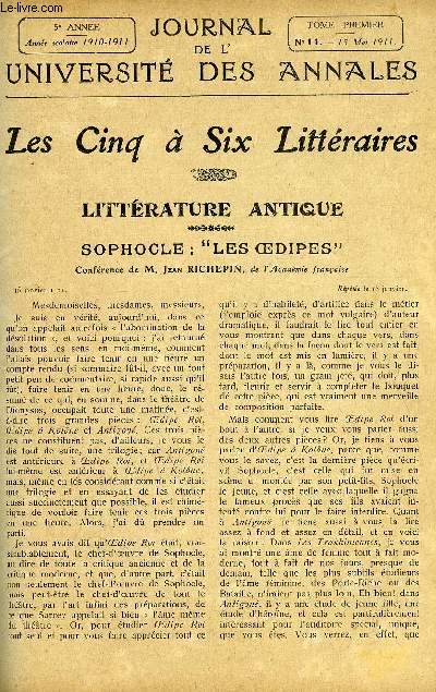 JOURNAL DE L'UNIVERSITE DES ANNALES 5e ANNEE SCOLAIRE N°11 - Sommaire : Littérature Antique..Sophocle : Les Oedipes.