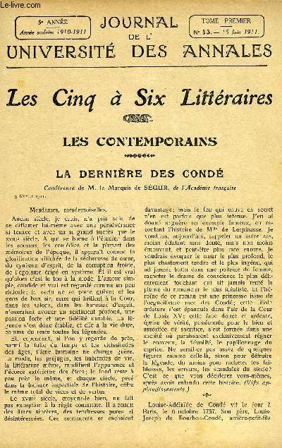 JOURNAL DE L'UNIVERSITE DES ANNALES 5e ANNEE SCOLAIRE N13 - Sommaire : Les Contemporains ..La Dernire des Cond.Marquis de SGUR-..Fantoches..T^. Georges COURTELINEExempt de Cravate, Le Petit Malade, de Georges Courteline.Littrature franaise.Les Vers