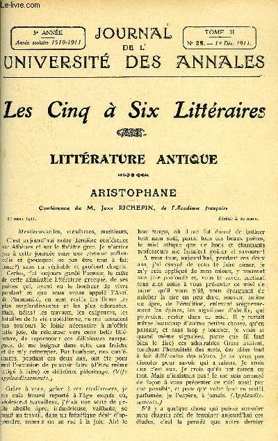 JOURNAL DE L'UNIVERSITE DES ANNALES 5e ANNEE SCOLAIRE N25 - Sommaire : M. Jean RICHEPINLittrature Antique'AristophaneTHESES DES UHIVERSIT/URESPortrait de la jeune fille grecque Lucie Robert Mon auteur prfr parmi les tragiques grecs .... Alice Rolland