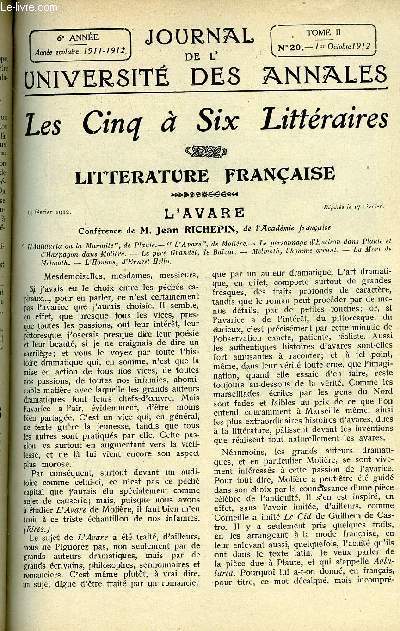 JOURNAL DE L'UNIVERSITE DES ANNALES 6e ANNEE SCOLAIRE N20 - Littrature franaise : l'avare, confrence de Jean Richepin, les chants de la vie, confrence de Fernand Gregh, Avignon, son pass, ses monuments, sa posie, confrence de Maurice Faure