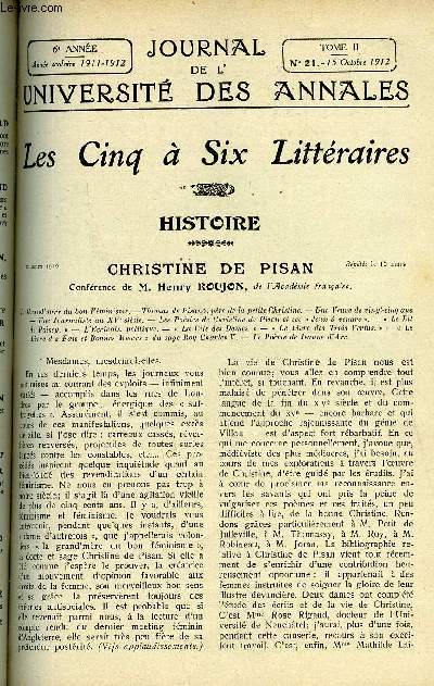 JOURNAL DE L'UNIVERSITE DES ANNALES 6e ANNEE SCOLAIRE N21 - Christine de Pisan, confrence de Henry Roujon, les chants de la piti, confrence de Edmond Haraucourt, histoire de l'art : Rouen, confrence de Lopold Lacour