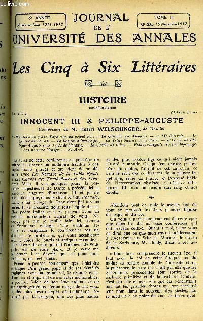 JOURNAL DE L'UNIVERSITE DES ANNALES 6e ANNEE SCOLAIRE N23 - Innocent III et Philippe-Auguste, confrence de Henri Welschinger, la cit de Carcassonne, confrence de Aug de Lassus, chants d'cosse et d'irlande, confrence de Louis Schneider