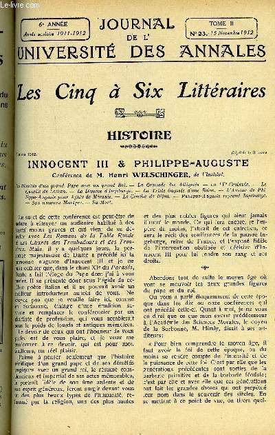 JOURNAL DE L'UNIVERSITE DES ANNALES 6e ANNEE SCOLAIRE N23 - Innocent III et Philippe-Auguste, confrence de Henri Welschinger, la cit de Carcassonne, confrence de Aug de Lassus, chants d'cosse et d'irlande, confrence de Louis Schneider