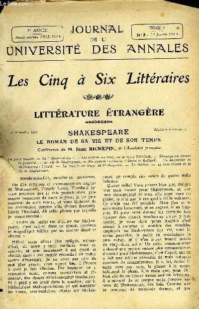 JOURNAL DE L'UNIVERSITE DES ANNALES 7e ANNEE SCOLAIRE N2 - Sommaire : Littrature Etrangre.Histoire de l'Art ,.Les Contemporains .Shakespeare : Le Roman de sa Vie et de son Temps.Le Chteau d Fontainebleau.Du Cour :de l'Amiti  I'Amour