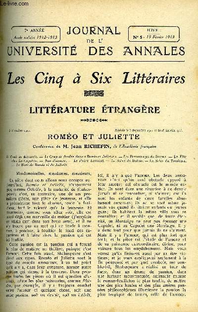 JOURNAL DE L'UNIVERSITE DES ANNALES 7e ANNEE SCOLAIRE N5 - Sommaire : Littrature trangre. Romo et Juliette.....M.Jean RICHEPINHistoire.....Deux Reines ennemies :Marie Stuart et Elisabeth. M. Henry ROUJONUne scne de Marie Stuart, de Schiller