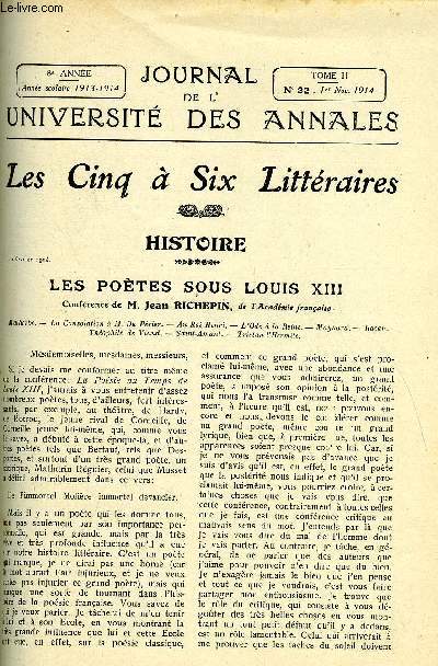 JOURNAL DE L'UNIVERSITE DES ANNALES 8e ANNEE SCOLAIRE N22 - Histoire : les potes sous Louis XIII, confrence de Jean Richepin, les femmes dans l'oeuvre de Balzac, confrence de Mme Alphonse Daudet, Jacques Callot, confrence