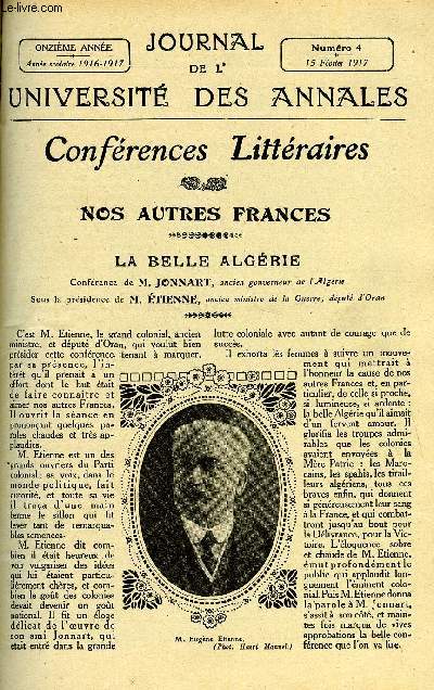 JOURNAL DE L'UNIVERSITE DES ANNALES 11e ANNEE SCOLAIRE N4 - Sommaire : Nos Autres France*La Belle Algrie....... Confrence par 