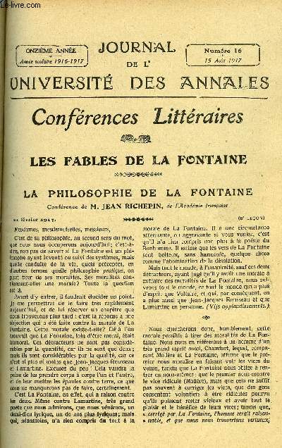 JOURNAL DE L'UNIVERSITE DES ANNALES 11e ANNEE SCOLAIRE N16 - Sommaire :Les Fables de La Fontaine La Philosophie de La Fontaine. . Confrence par 