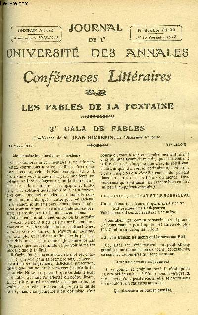 JOURNAL DE L'UNIVERSITE DES ANNALES 11e ANNEE SCOLAIRE N21-22 - Sommaire : Les Fables de La Fontaine 3e Gala de Fables .... Confrence par 
